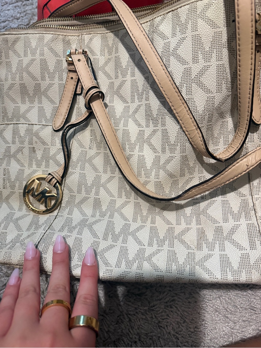 Michael Kors Cream Signature Logo Tote with Gold MK Charm